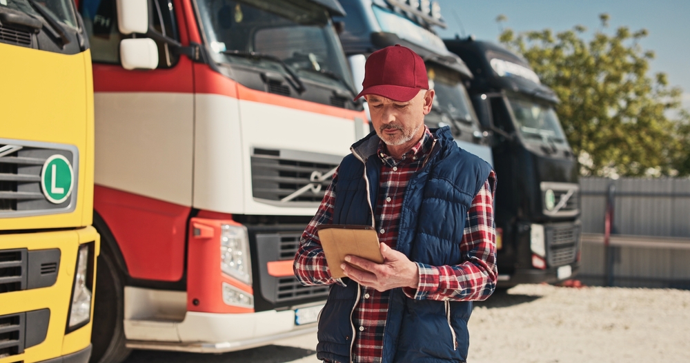 truck driver doing some paperwork while in front of a few transportation trucks